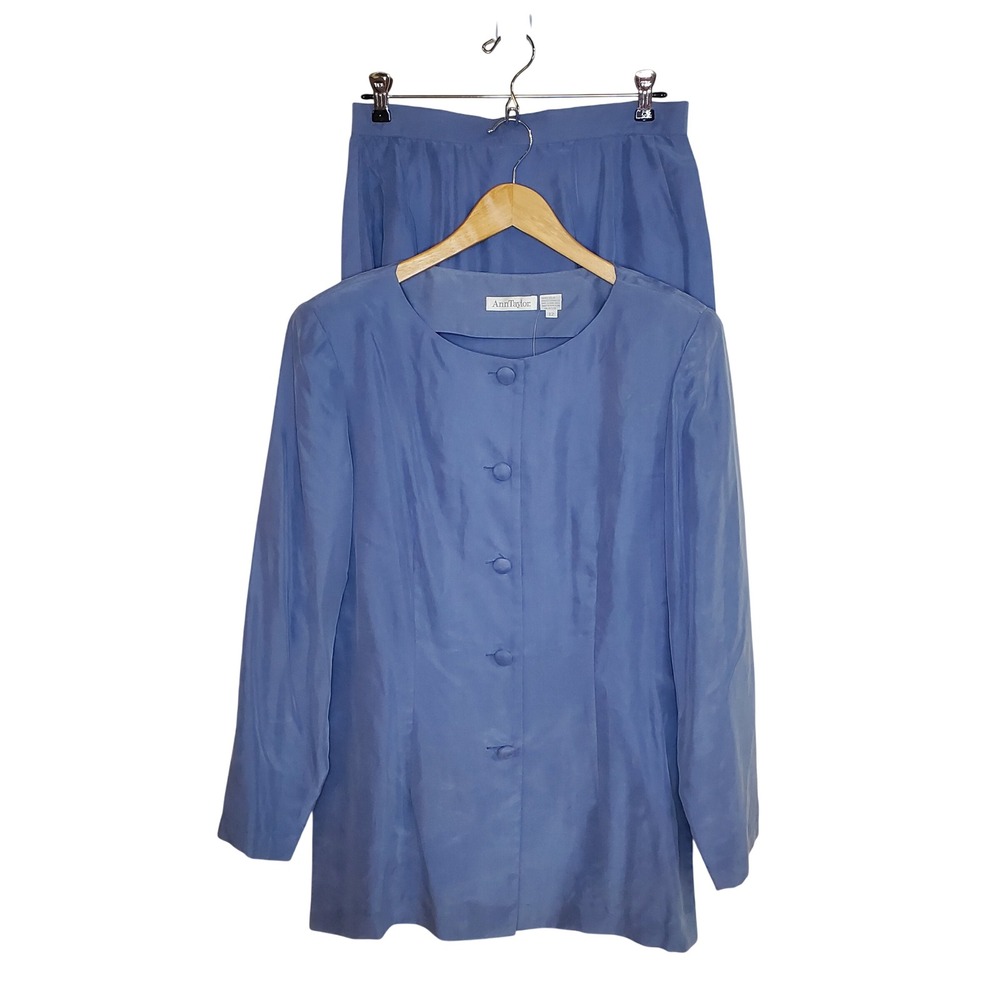 Vtg Ann Taylor 100% Silk Periwinkle Blue Two Piece Suit Set Jacket Skirt Size 12